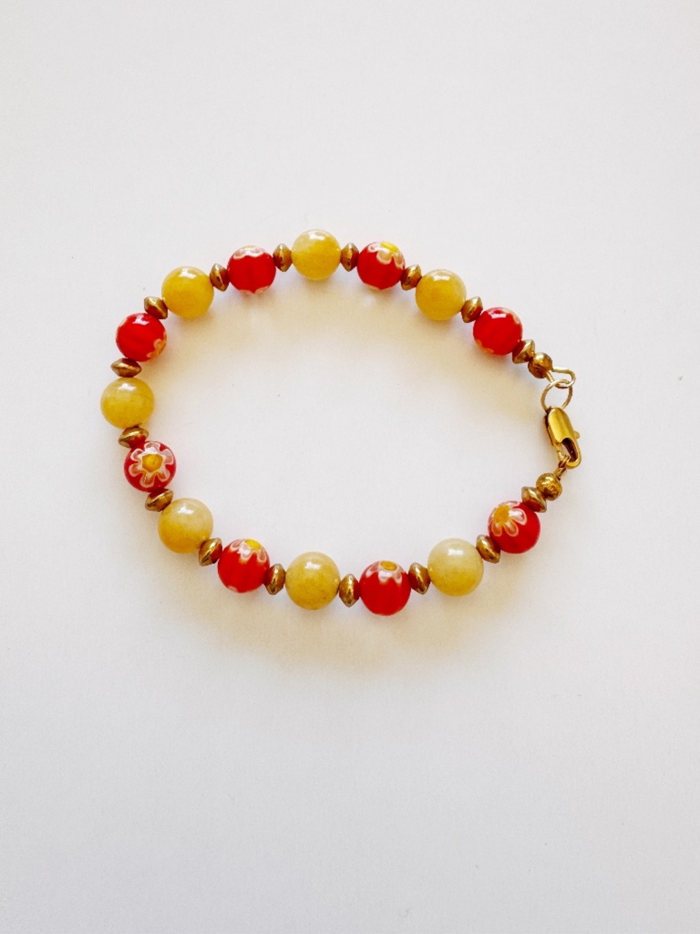 Colorful Glass Bead Bracelet Red Yellow Floral Beaded Vintage Style